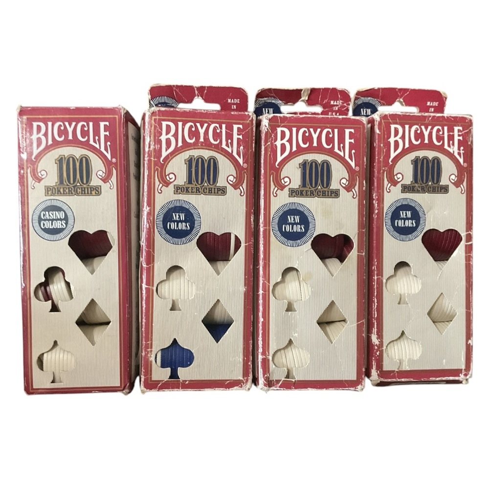 Vintage Bicycle Poker Chips 4 Boxes 390 Total Chips Casino Colors Ivory Blue Red